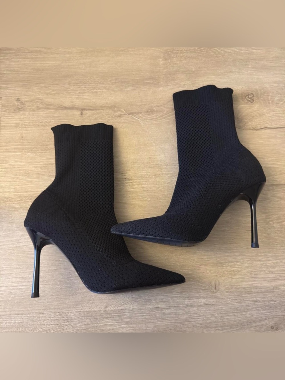 Zara Black Knit Sock Pointed-Toe Stiletto Ankle Boots
